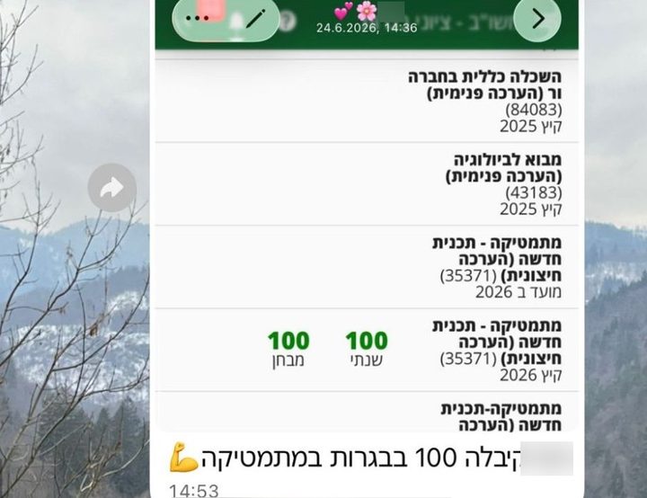 הודעת וואטסאפ מהורים: צילום ממשו״ב עם 100 בבגרות במתמטיקה, בציון השנתי ובמבחן